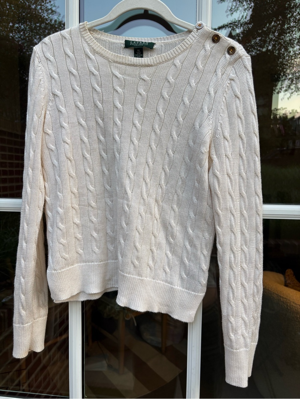 Lauren Ralph Lauren Cream Cable-Knit Crew Sweater with Shoulder Buttons